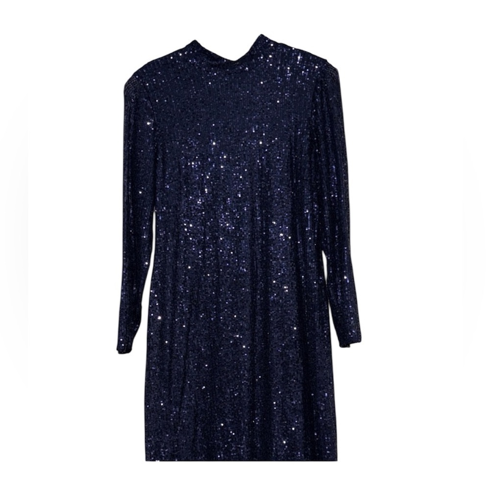 Ellen Weaver Midnight Blue Sequin Long Sleeve Dress Size Medium